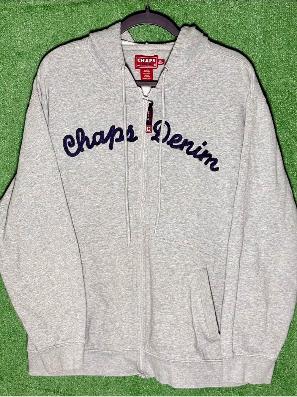 Chaps Light Gray Hooded Zip-Up with Navy Script